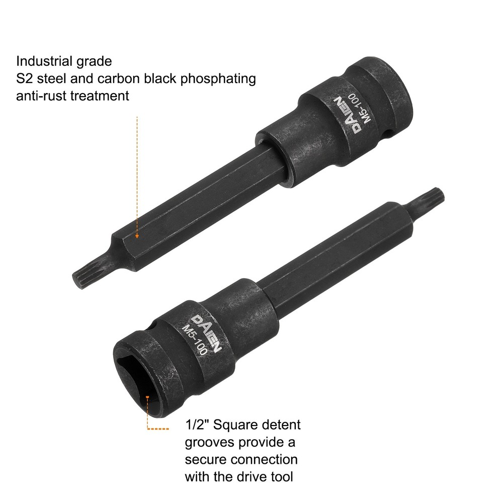 M5 12 Point Spline Bit Socket 100mm Length 1/2" Square Impact Bit, Black