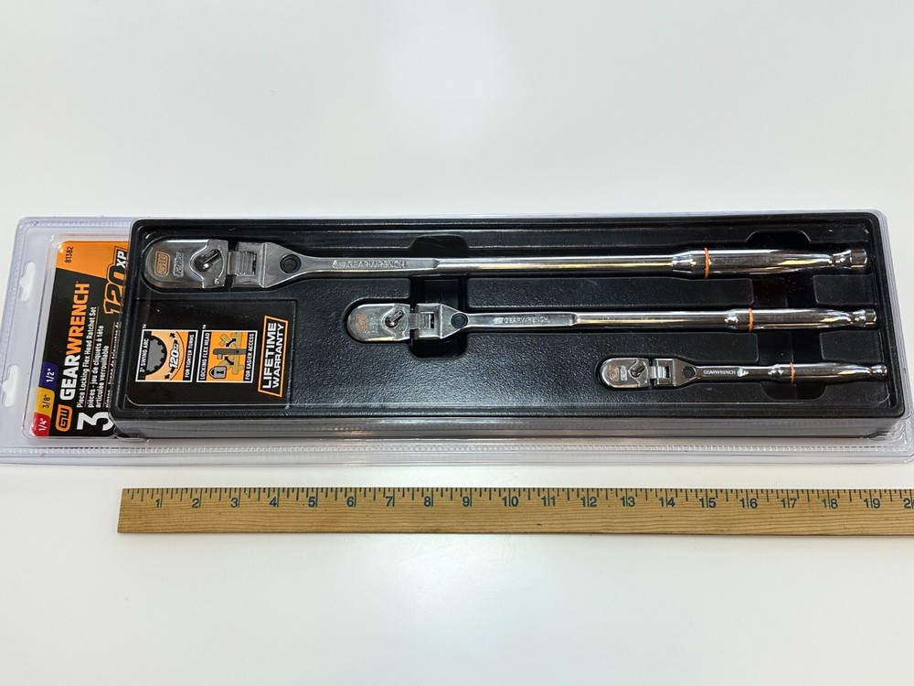 NEW GearWrench 3pc 120XP Locking Flex Thin Head Long Handle Ratchet Set, 81382