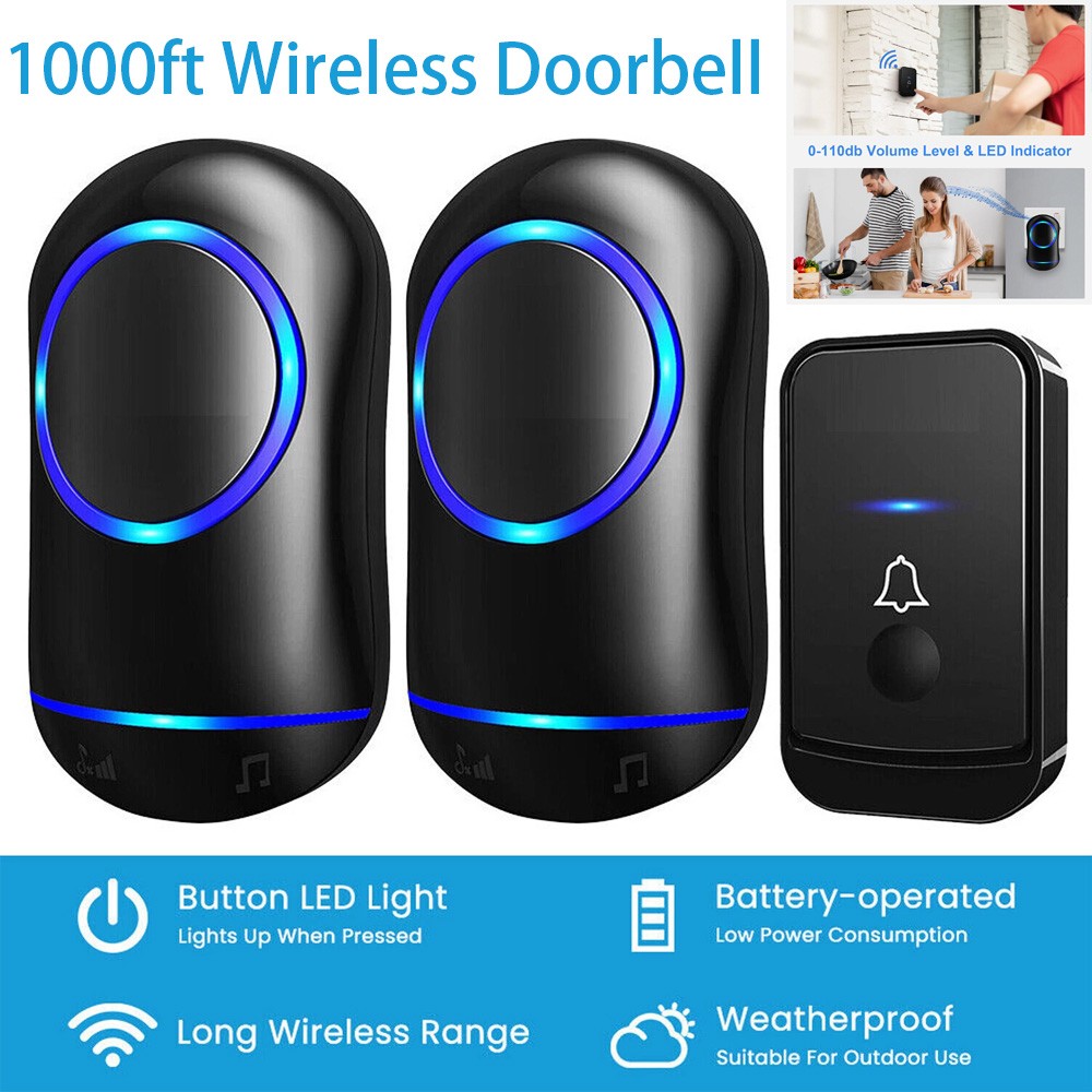1000ft Wireless Doorbell Chime Kit Waterproof Plugin Receiver Adjustable Volume