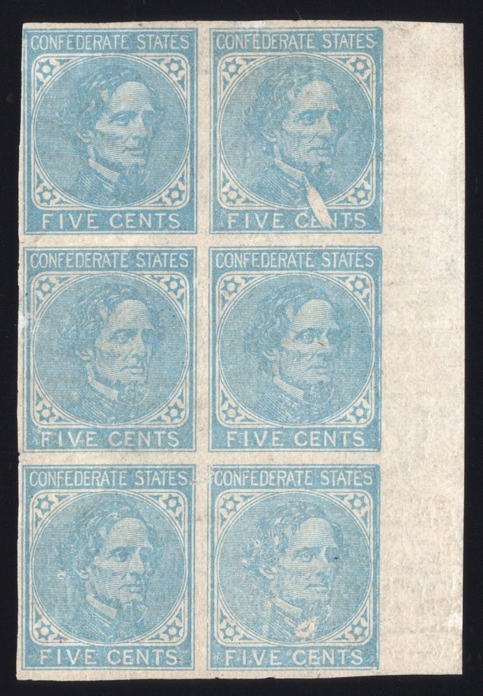 Confederate, CSA #7 Margin Block of 6, Mint Regum, "White Tie" Variety