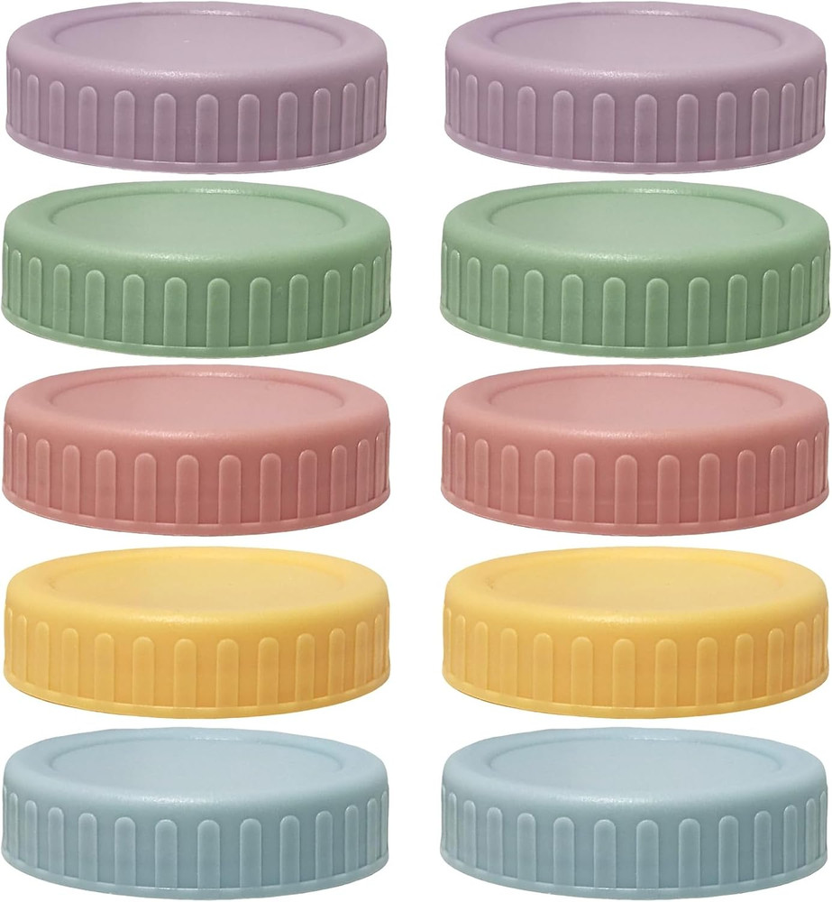 10 Colored Plastic Lids, 70Mm Inner Diameter, Regular Mouth with Silicone Ring,