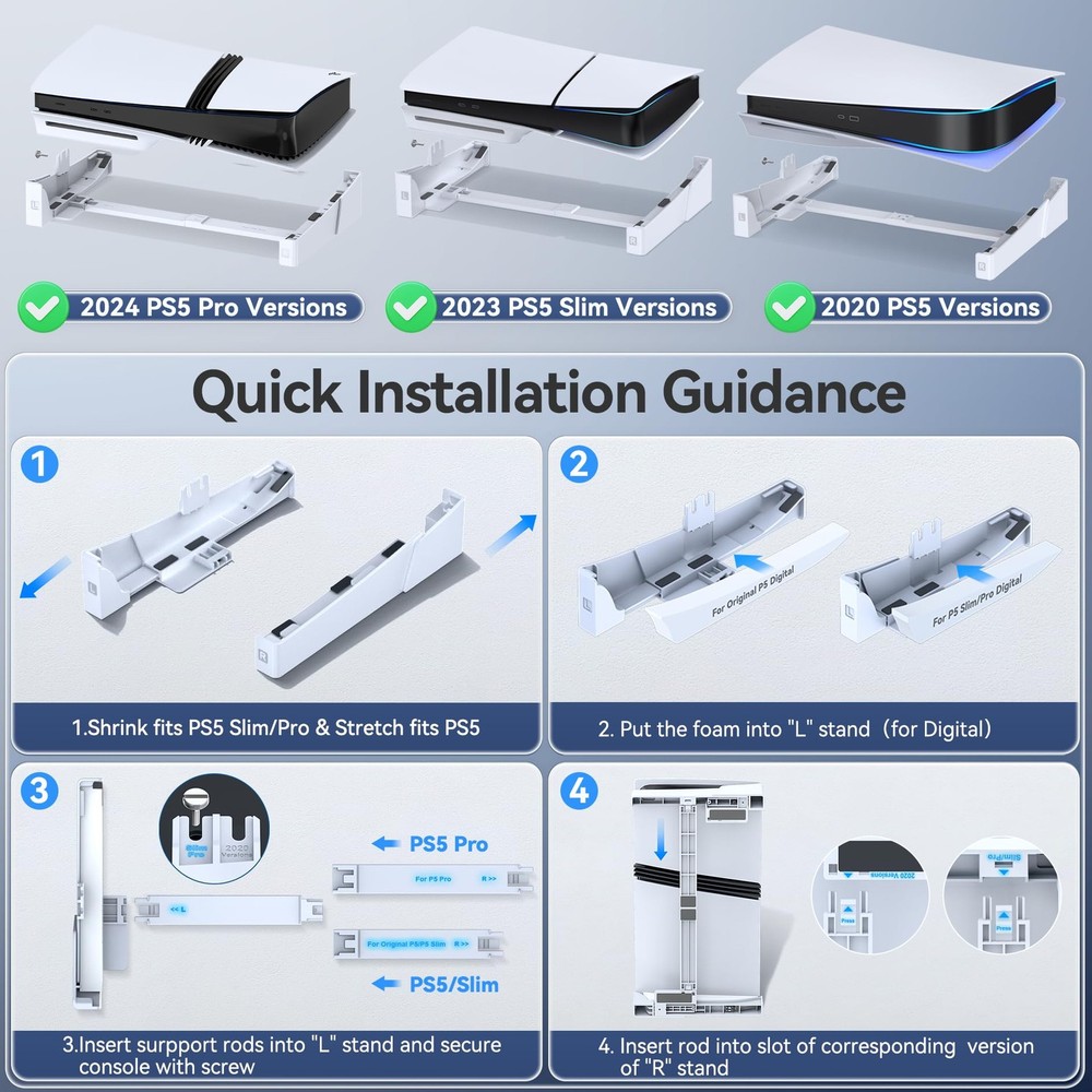 PS5/Slim/Pro Horizontal Stand for Disc & Digital Console, Stable PS5 Accessor...