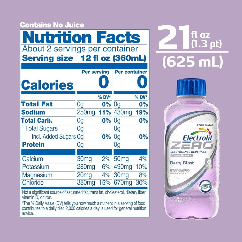 Electrolit Electrolyte Hydration & Recovery Drink, 21oz, ZERO Berry Blast,...
