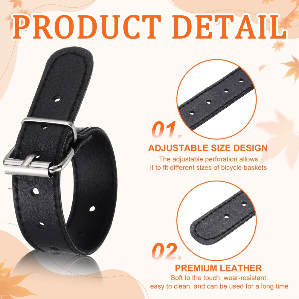 2 Pcs Adjustable Leather Bicycle Basket Strap, Black