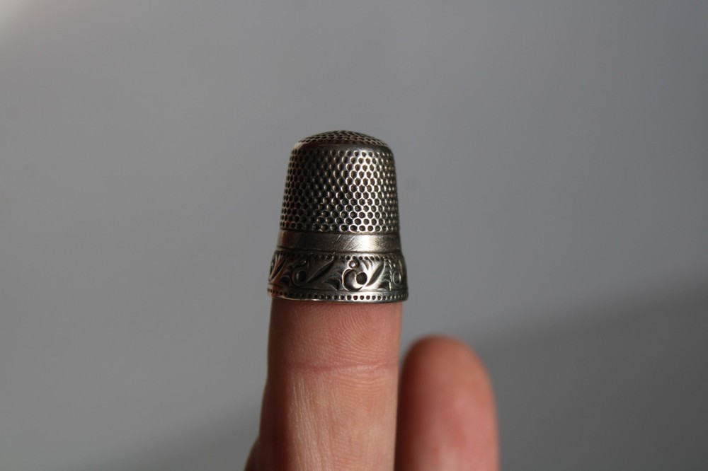 Antique 19th Century Painted Brass Egg Chatelaine Thimble Case w/ (2) Thimbles