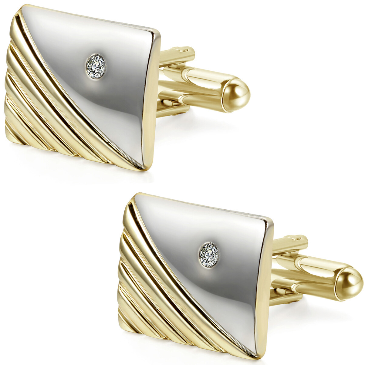 Polished Gold Tone Metal CZ Cufflinks Tie Bar Clasp Clip Set Men's Modish Gift