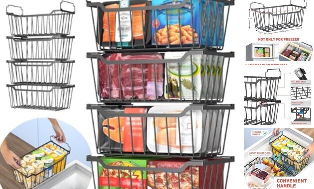 Freezer Organizer Bins with Foldable Handle Pack Stackable Freezer 8 Black
