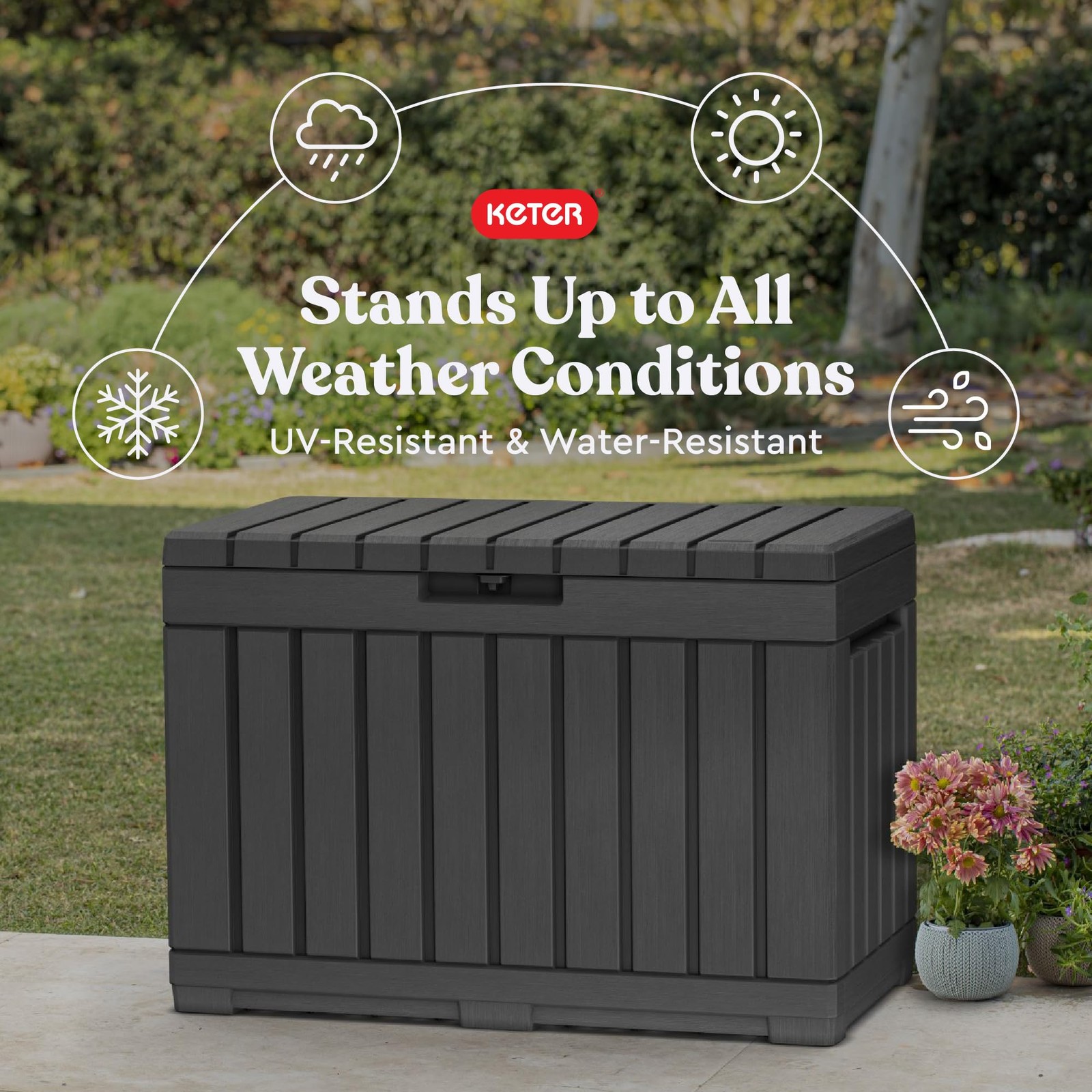 Keter Kentwood 50 Gallon Resin Deck Box for Outdoor Storage – Weather‑Resista...