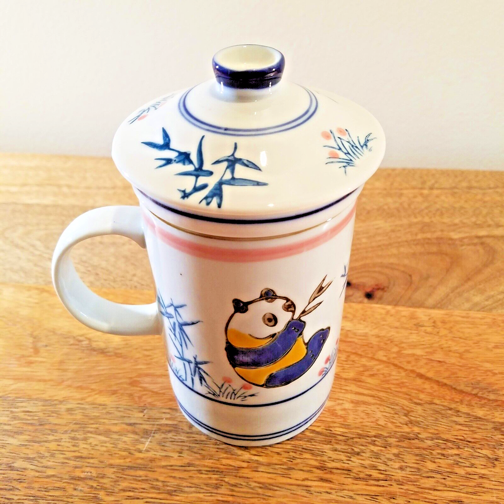 Blue Moon Panda Bear Lidded Tea Infuser Mug Cup Lid Ceramic Teacup Pot Maker