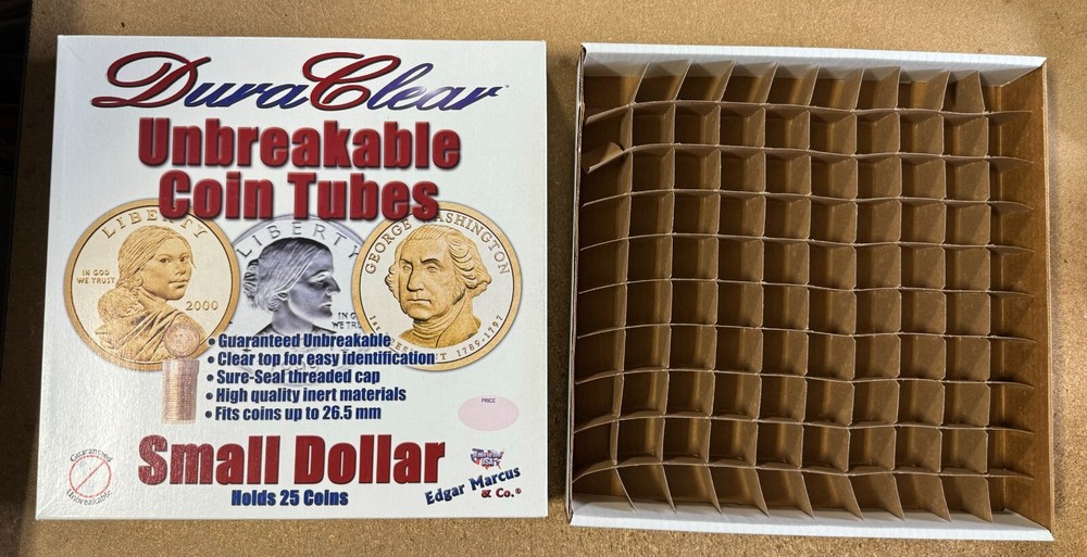 5 EMPTY DuraClear Small Dollar Coin Tube Boxes with inserts - NEW