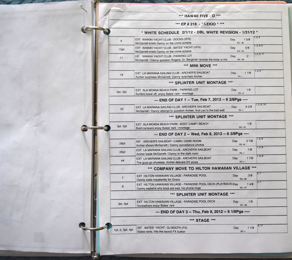 2012 Hawaii Five-O "Lekio" Original Script + Shooting Schedule