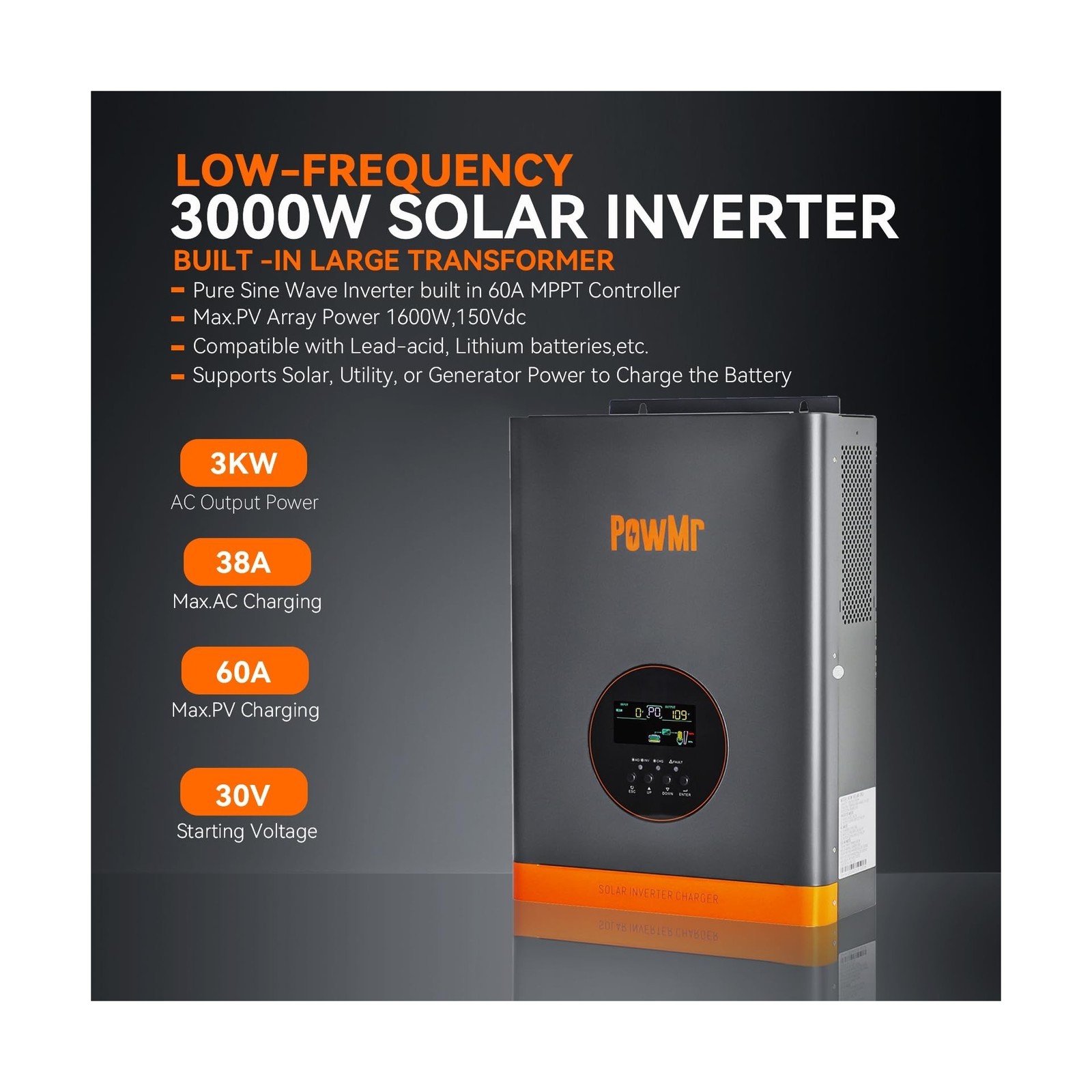 PowMr Solar Inverter 3000W 24V, Peak 9000W, Low-Frequency Pure Sine Wave Inve...