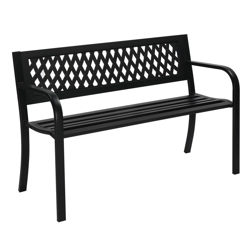 Outdoor Bench 46 Inch Iron Frame Grid Patterned Plastic Backrest Modern