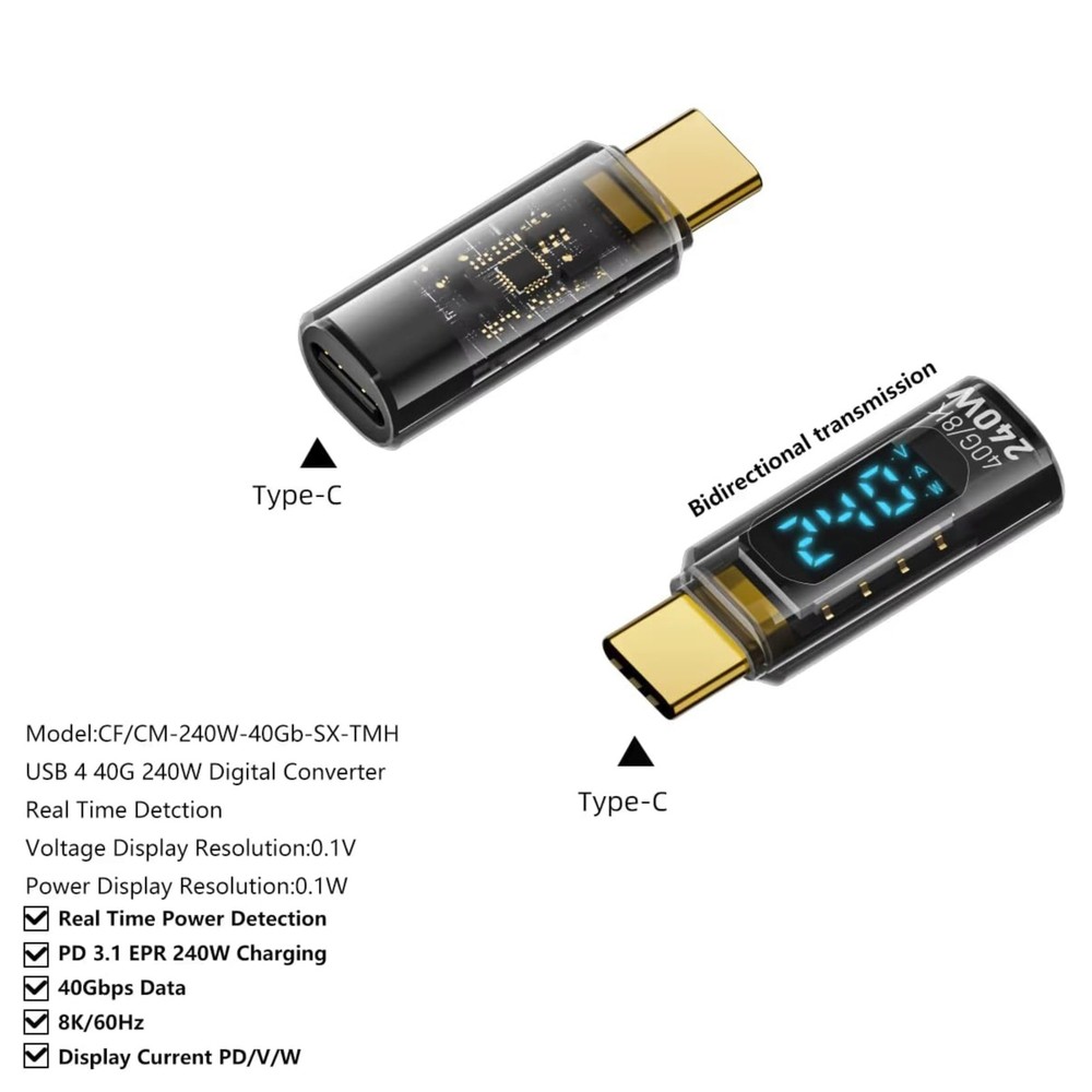3 PCS USB C 8K 40Gbps Mini Digital Meter USB 4.0 Type-C Extension Adapter