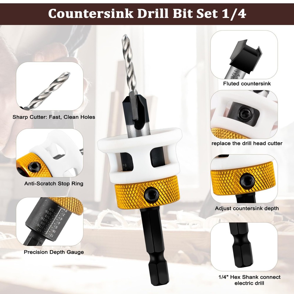 Carbide-Tipped Countersink Drill Bit Set with Depth Stop – 5pc Replaceable Bi...