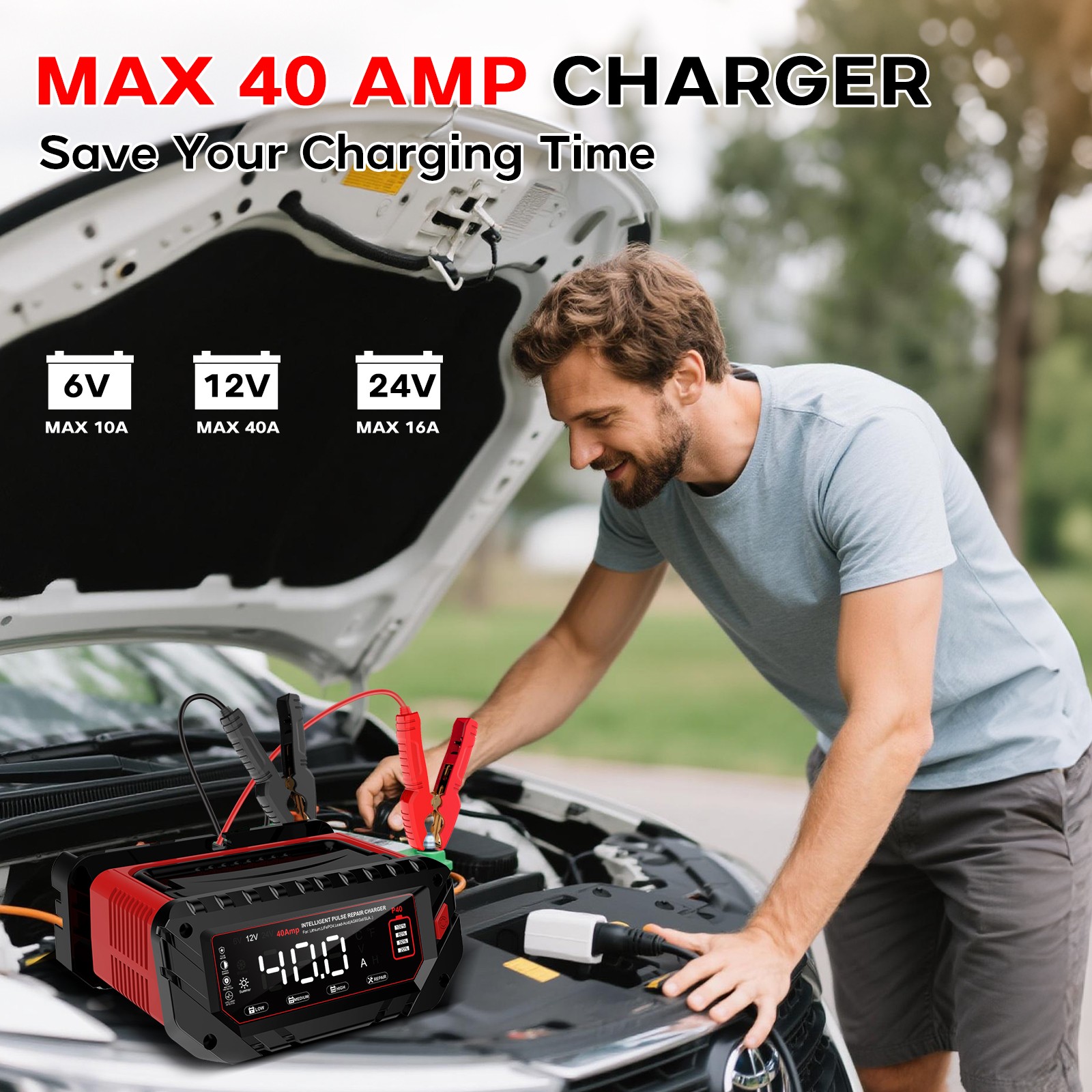 40-Amp Battery Charger, 12V/24V Lead Acid LiFePO4 Smart Battery Trickle Charger