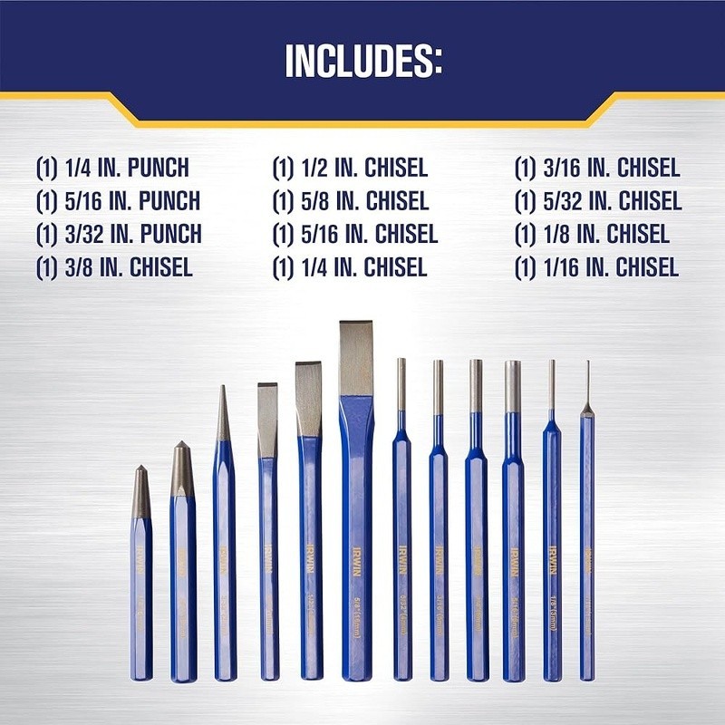 Chisel and Punch 12-Pack with Various Sizes Tempered for Durability