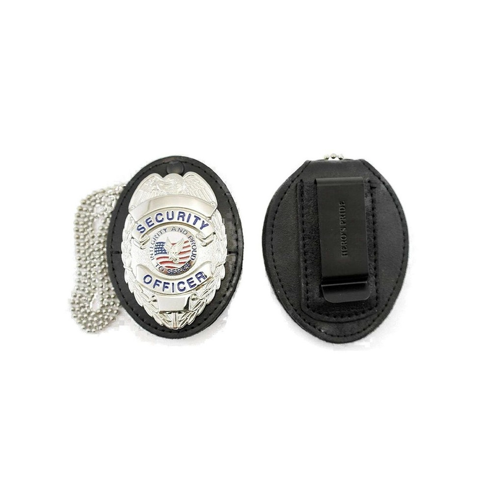 Universal Shield Leather Badge Holder Free Neck Chain Small W/ Hook Loop Closure