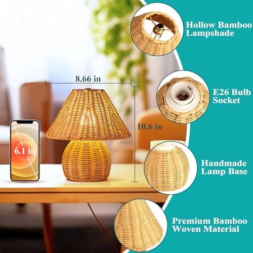 Bamboo Table Lamp Handmade Boho Rattan Bedside Lamp,3 Colors Small Brown