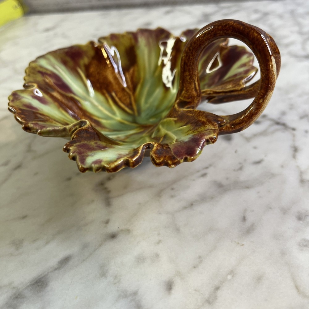 Vintage Maple Leaf Dish Green Brown Ceramic Double Loop Handle MCM