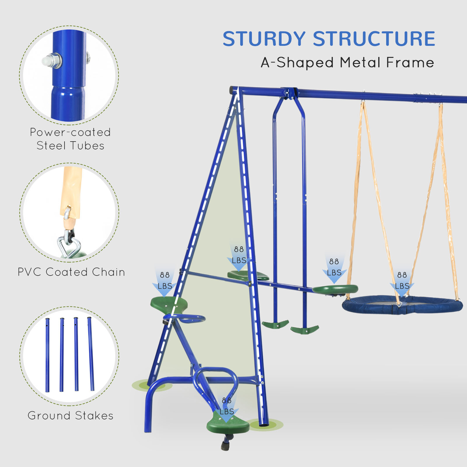 Outsunny Metal Swing Set for Kids with Double Swings Slide Seesaw Glider