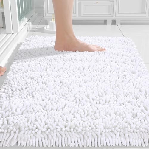 Chenille Bathroom Rugs Non Slip, Extra Thick Solid 24" x 17" Rectangular White