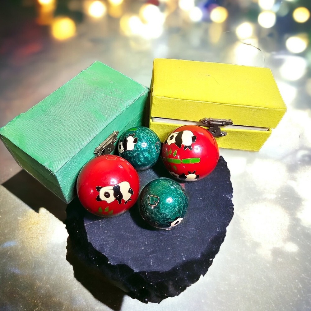 2 Vtg Authentic Chinese Meditation Stress Baoding Balls Cloisonne Pandas Chime