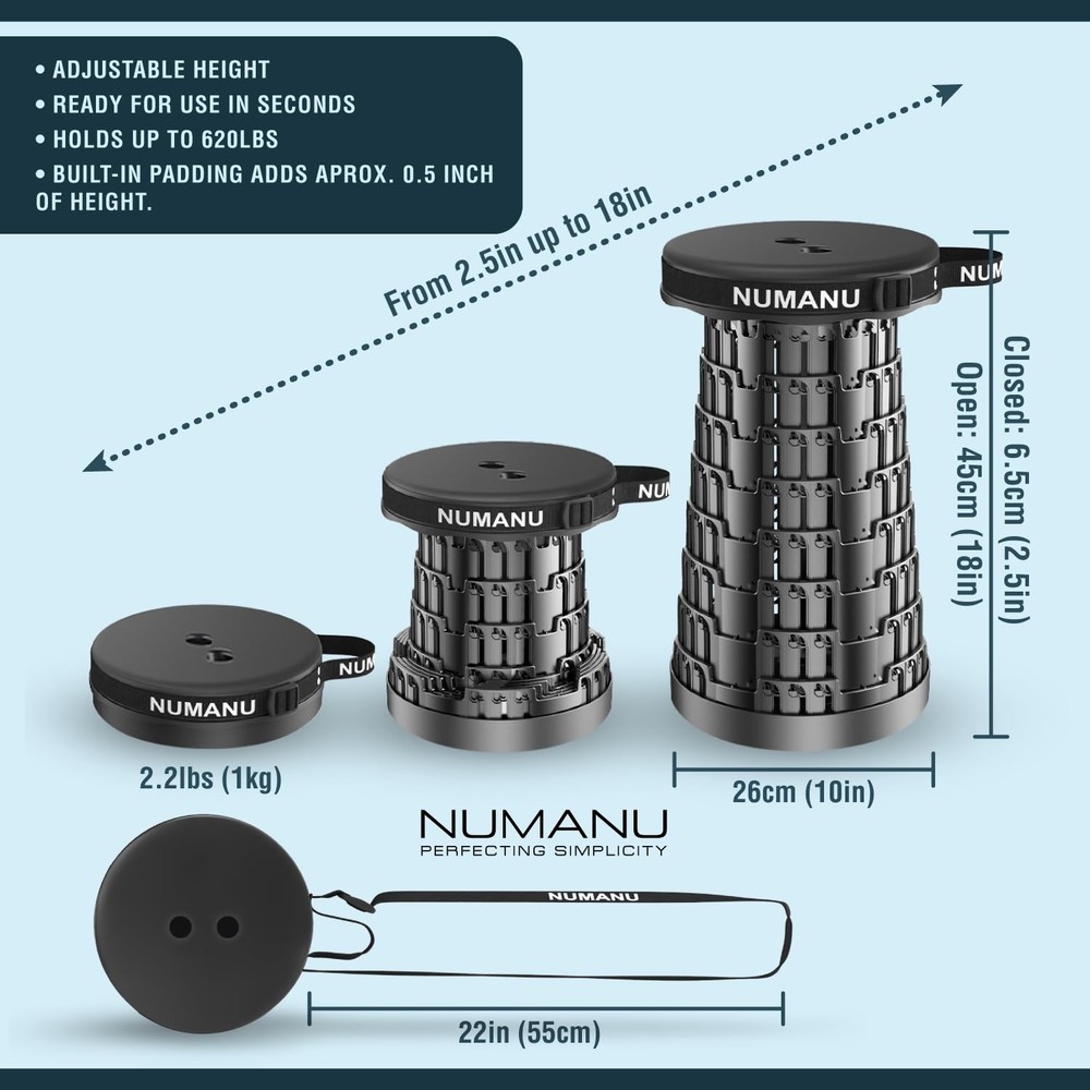 NUMANU Padded Collapsible Folding Stool, 620lbs Max, Adjustable Camp Seat
