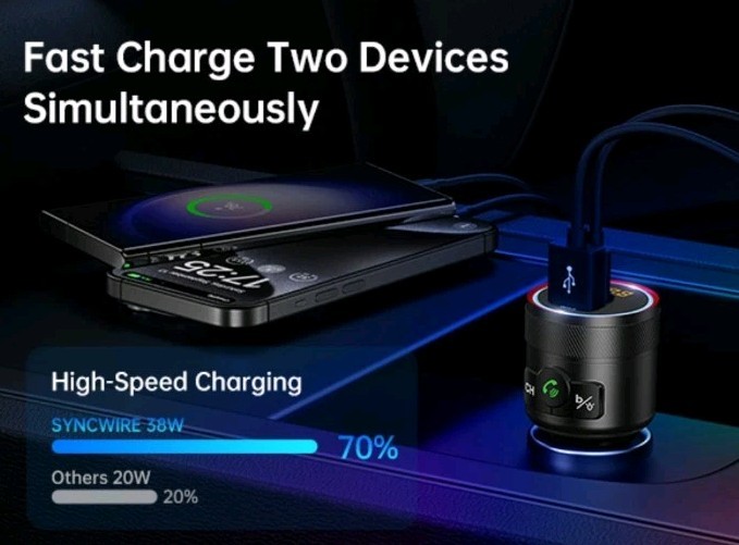 Syncwire Bluetooth 5.4 FM Transmitter For Car 38W PD & QC 3.0 Dual USB Black New