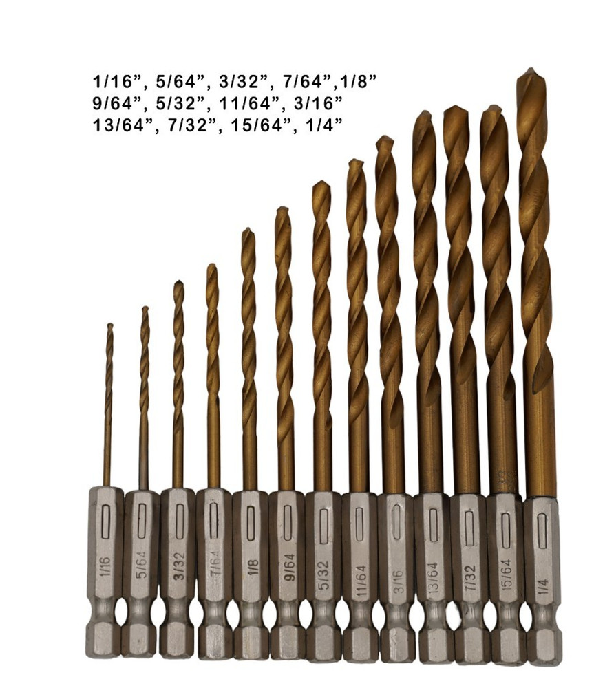 13pc Quick-Change Hex Shank Titanium Drill Bit Set, 1/16" - 1/4" Sizes