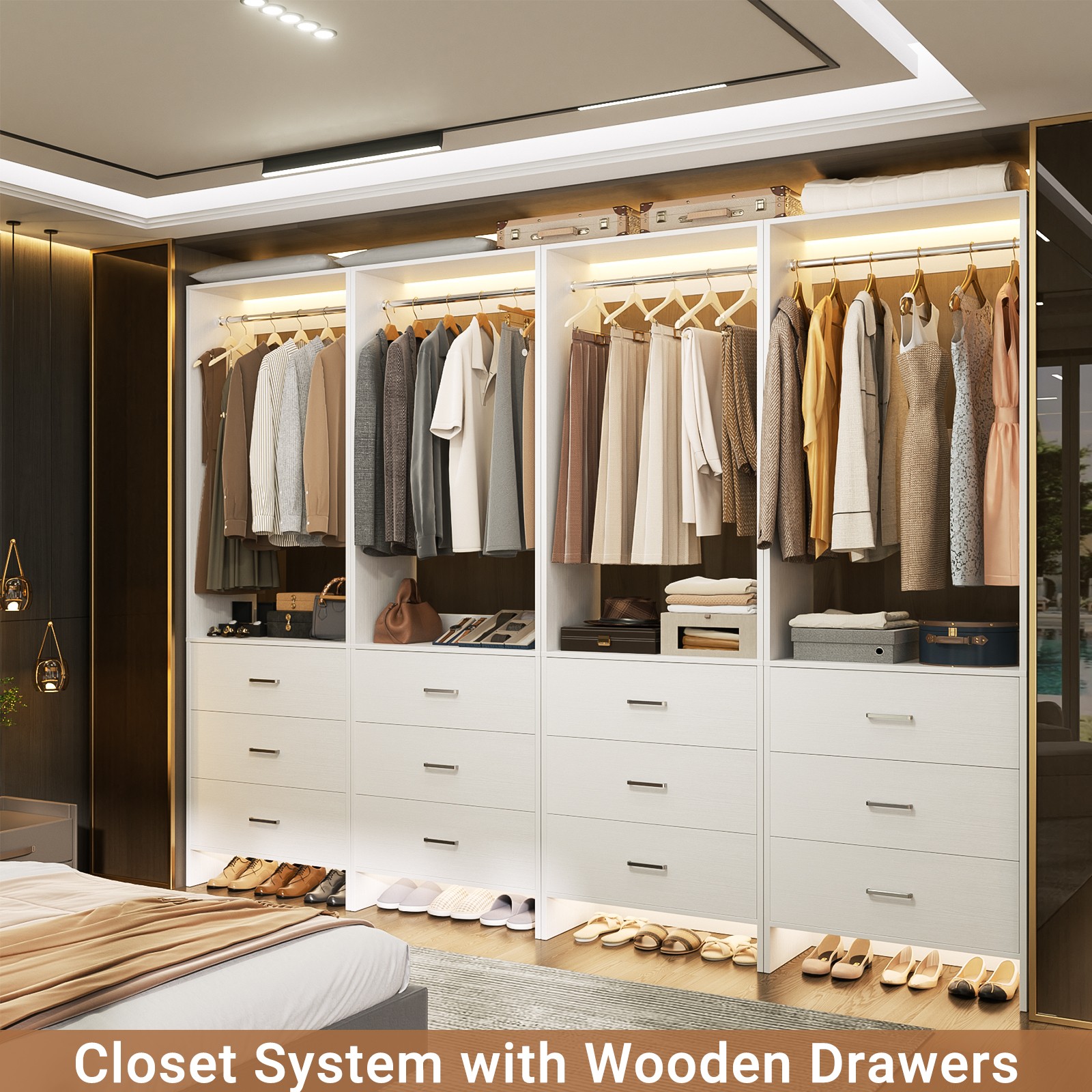 Set of 4 Walk-in Closet Organizer System Wardrobe with Drawers and Hanging Rods