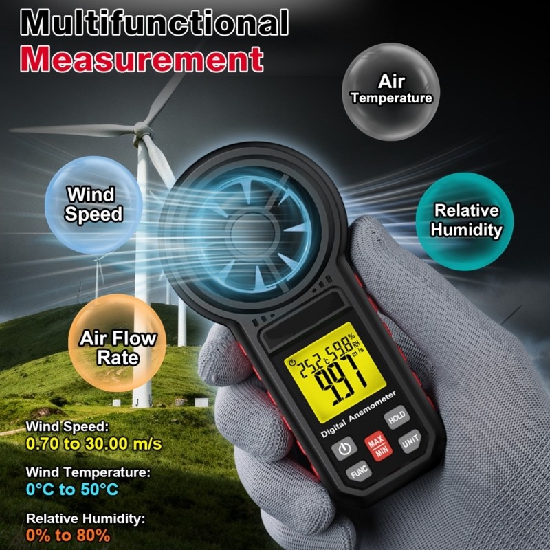 Easy Carry Digital Anemometer Measuring Speed Direction Humidity and Temperature