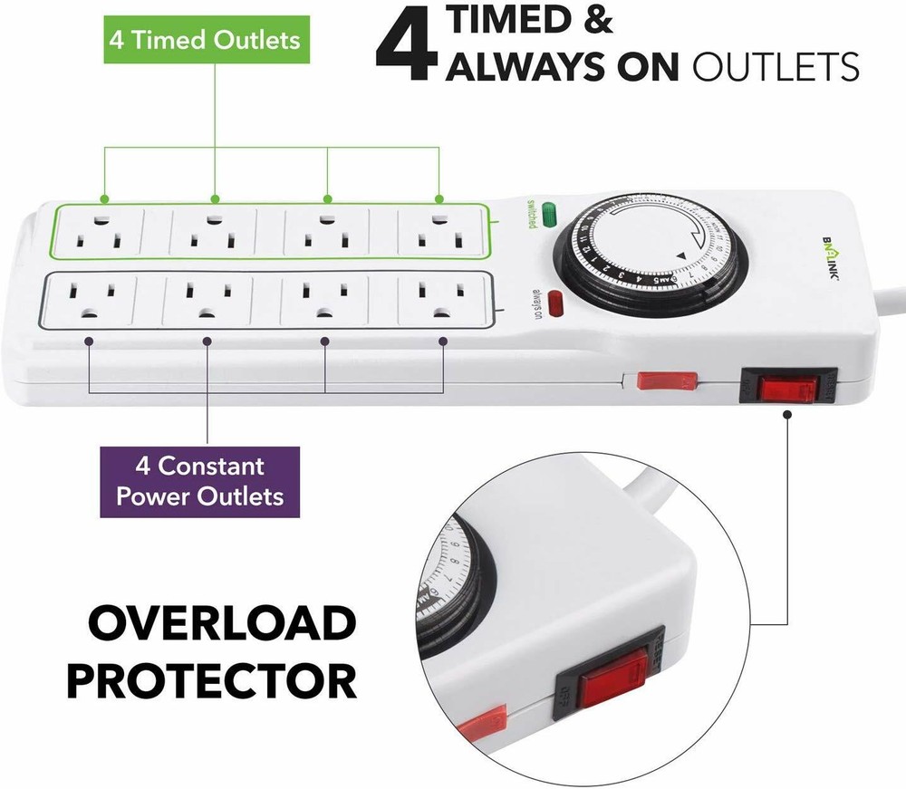 BN-LINK 8 Outlet Surge Protector with Mechanical Timer (4 Timed + 4 Always On)
