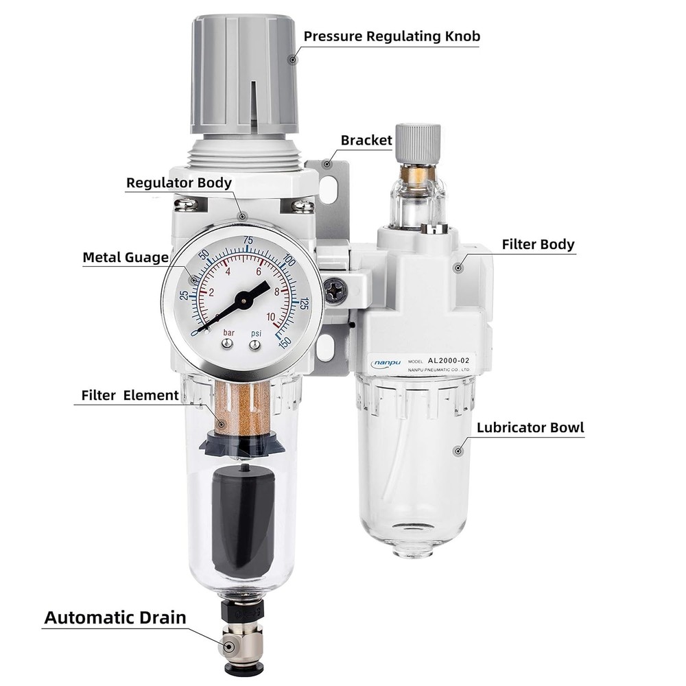 Efficient 1/4" NPT Auto-Drain Air Filter Regulator with 5 Micron Brass Element
