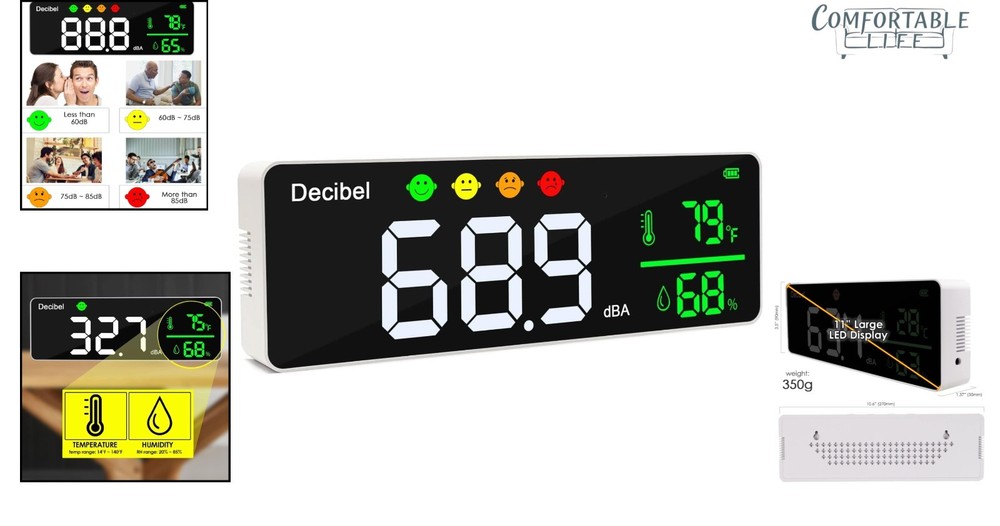 Large 11 Inch LED Decibel Meter - Accurate Noise Level & Temperature Reader