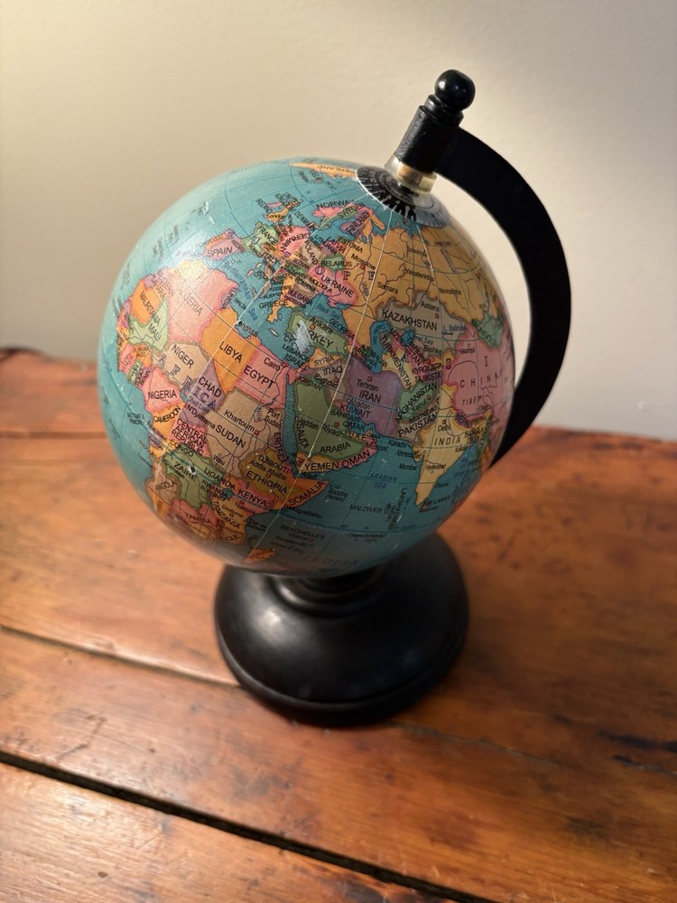 Small World Globe Rotating Wood Base Colorful Den Decor
