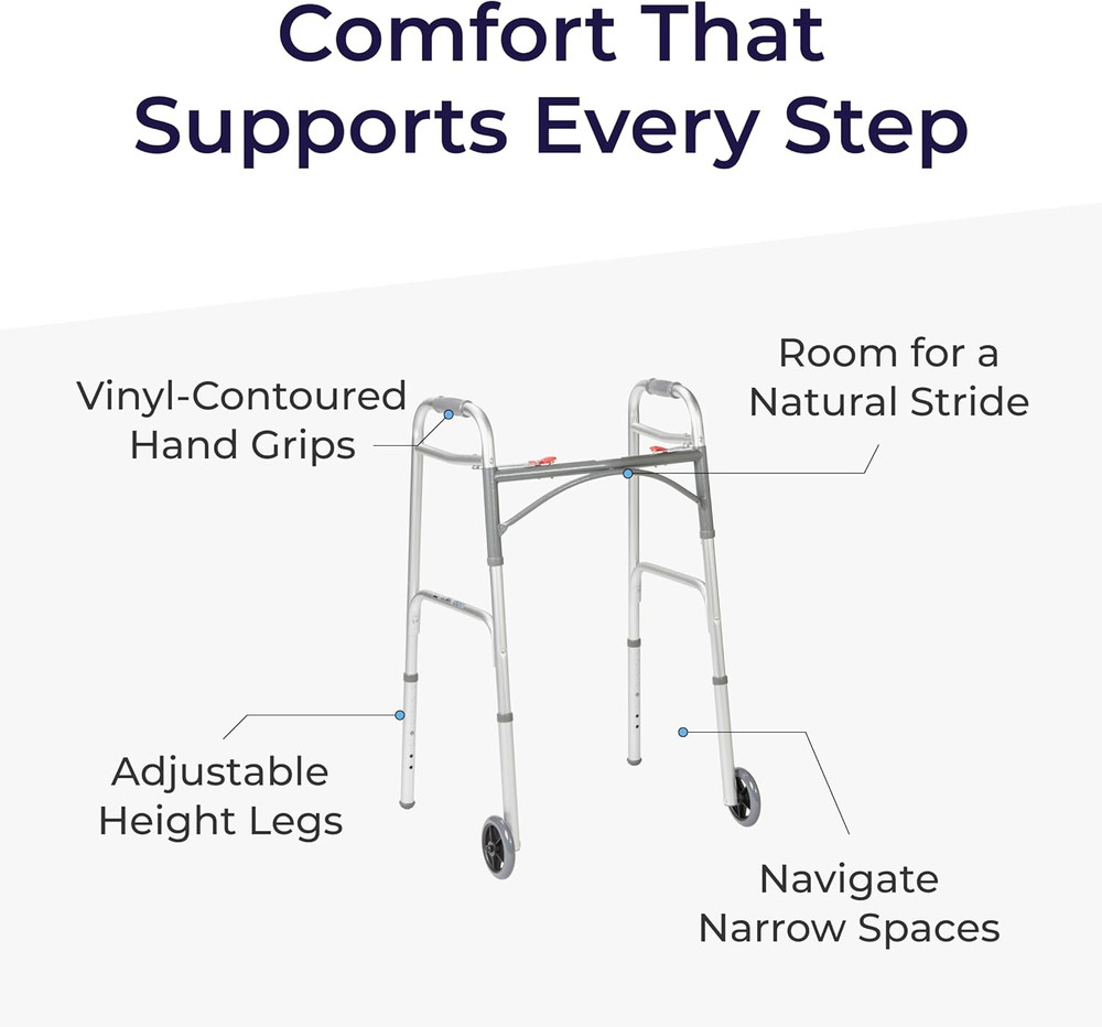 Two-Button Folding Walker with Wheels - Lightweight Rolling Mobility Support - A