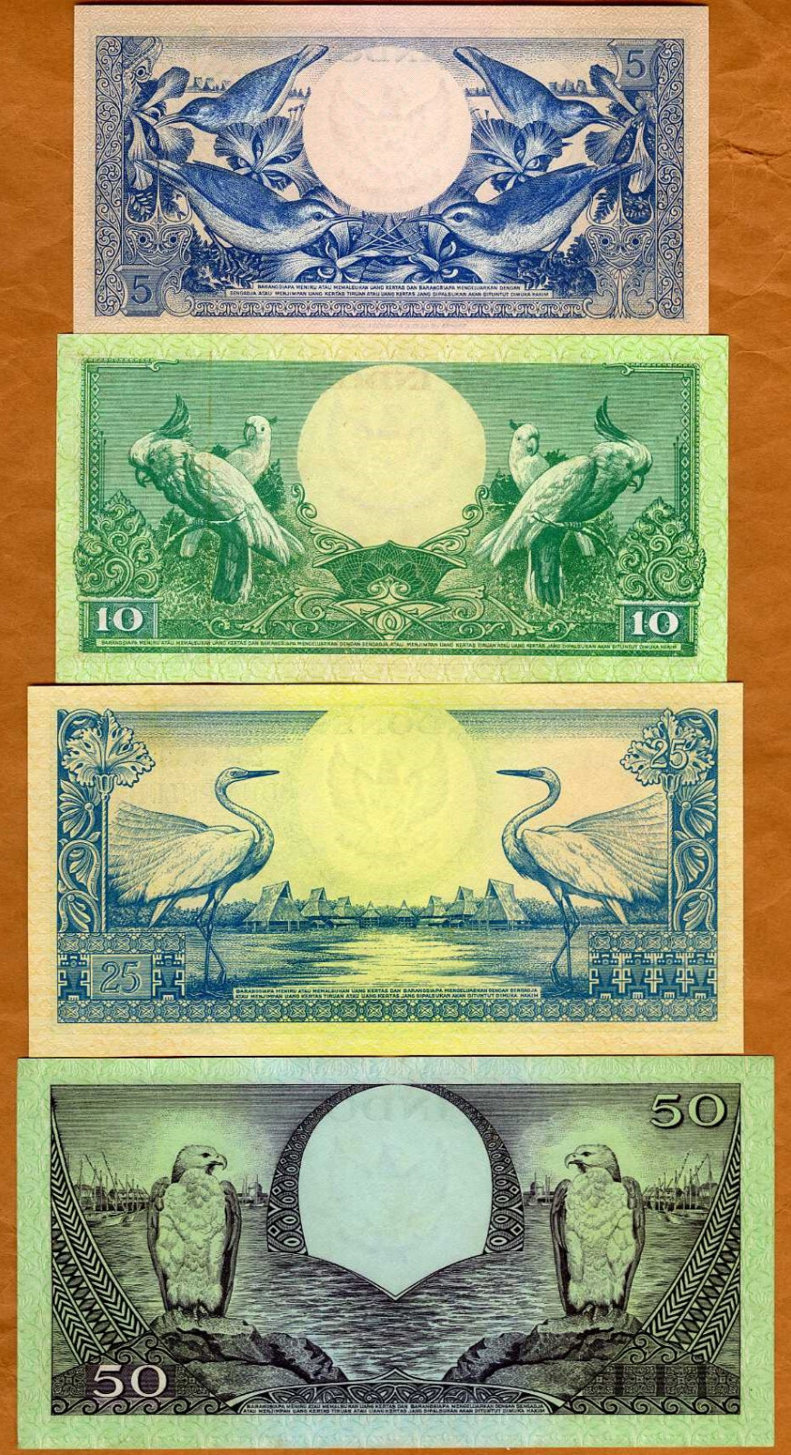 SET Indonesia, 5-10-25- 50 Rupiah, 1959, P-65-66-67-68, UNC Flower, Birds