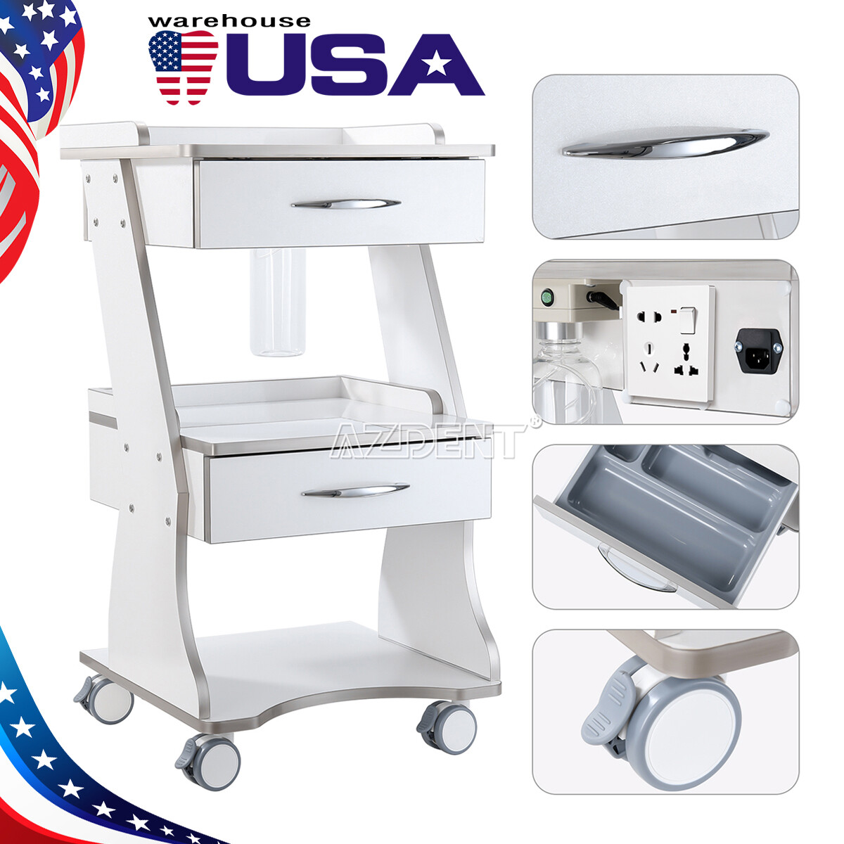 AZDENT Dental Mobile Cabinet Cart with Drawers /Tool Cart Trolley with Sockets
