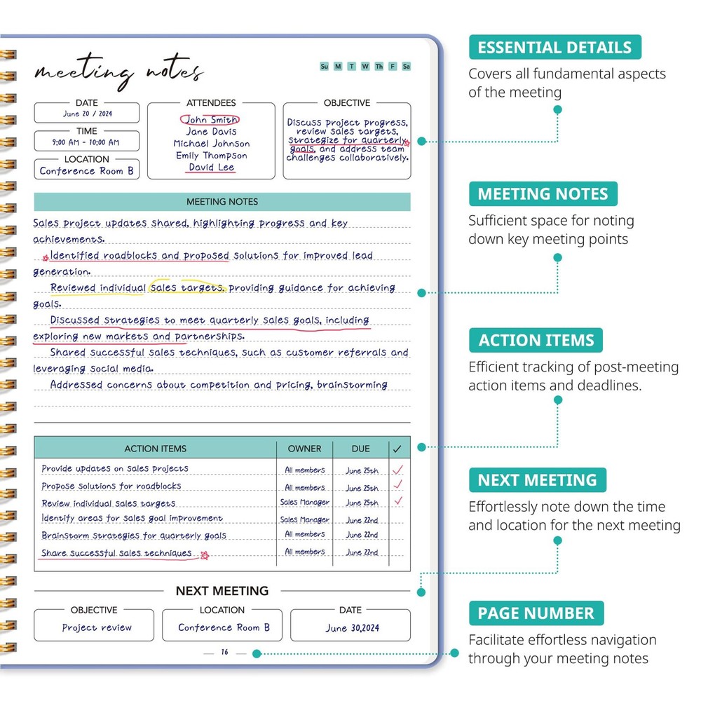 Taja Meeting Notebook Lavender - Work Organization, Action Items, Notes