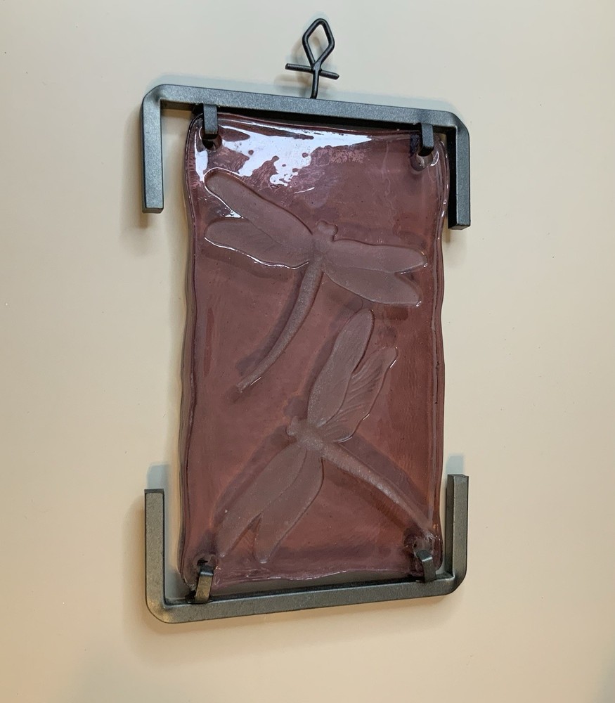 Purple Etched Glass Dragonfly Panel With Cast Iron Hardware