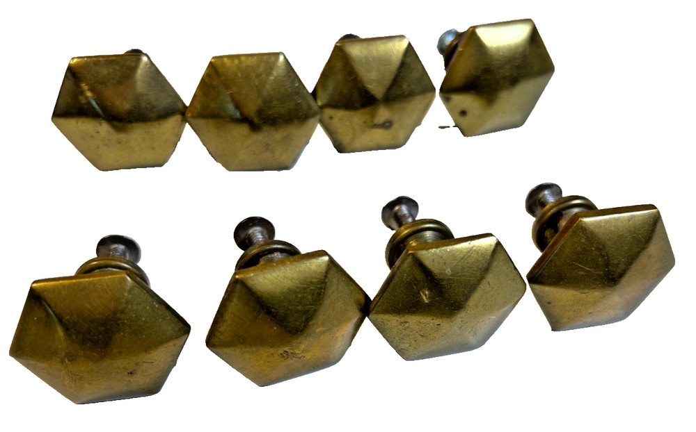 Vintage Mid Century Modern MCM Solid Brass Faceted Hex Drawer Pulls Knobs Set 8