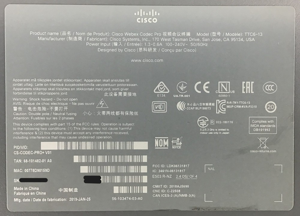Cisco CS-Codec-Pro+ TTC6-13 Cisco Webex Codec Pro Video Conferencing Device