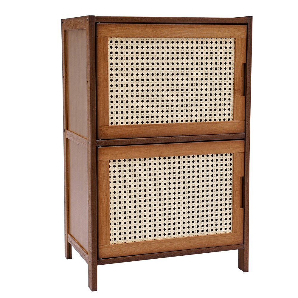Nightstand With Decor Drawers Rattan Pattern End Table - Bamboo Sofa Side Table