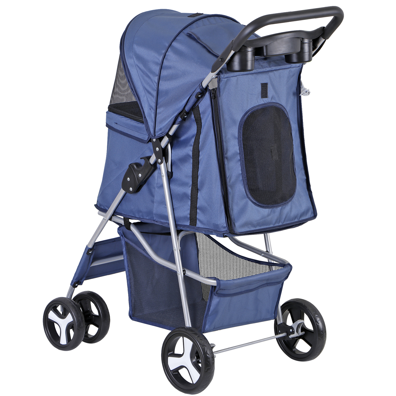 4 Wheels Blue Pet Stroller with Cup Holder, Breathable Mesh for S/M Dog Cat