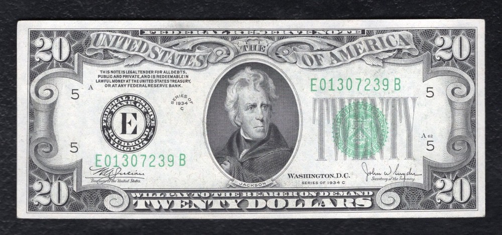 1934-C $20 FRN RICHMOND, VA “INVERTED BACK ERROR” GEM UNCIRCULATED
