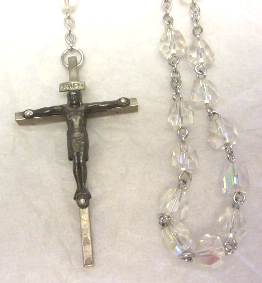 2 Vtg Rosary Crystal Blue & Clear Bead Silvertone Metal Cross