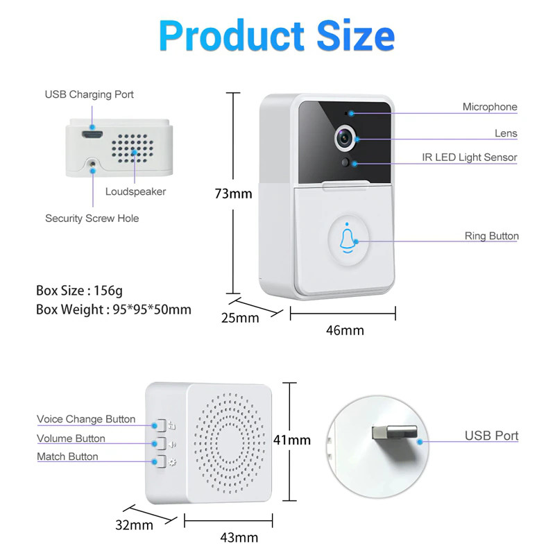 Wireless Smart WiFi Video Doorbell Camera Intercom Ring Bell with Chime Security