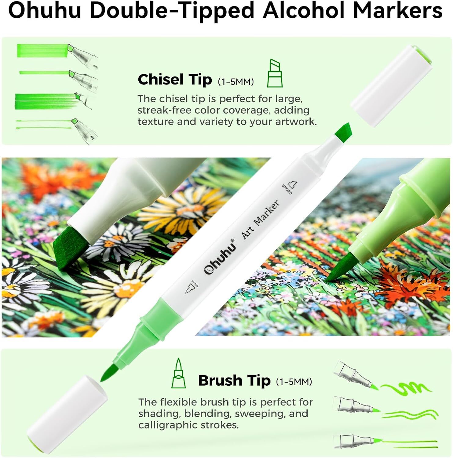 Ohuhu Markers, 48-color Double Tipped Alcohol Markers Brush& Chisel for Beginner