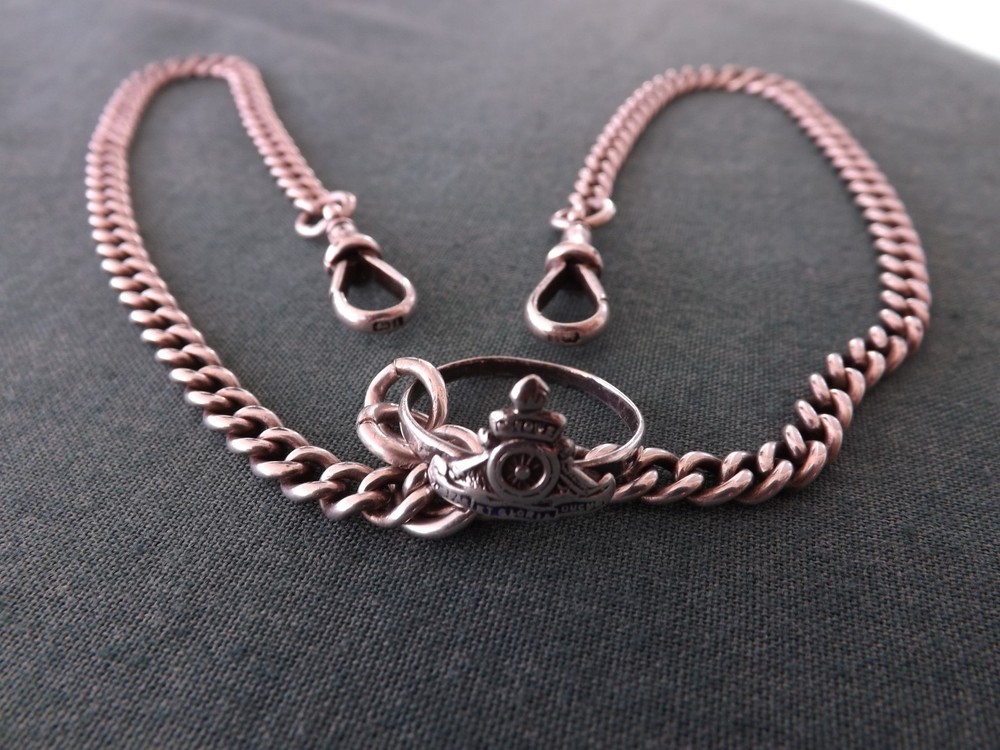 SOLID SILVER ANTIQUE ALBERT CHAIN NECKLACE 16" ROYAL ARTILLERY 925 Silver RING